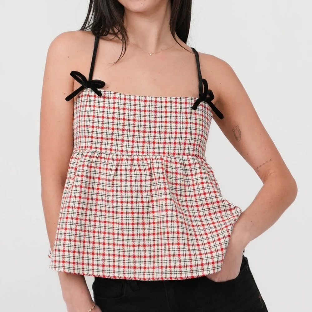 Pretty Garbage Peplum Red Plaid Sleeveless Top Black Straps Lined Side Zipper M
